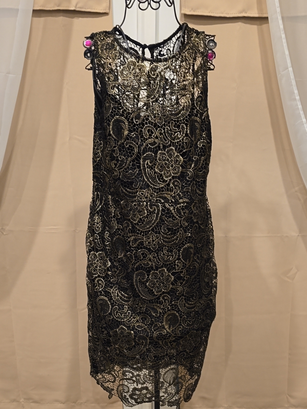 Black & Gold Lace Overlay Sleeveless Dress